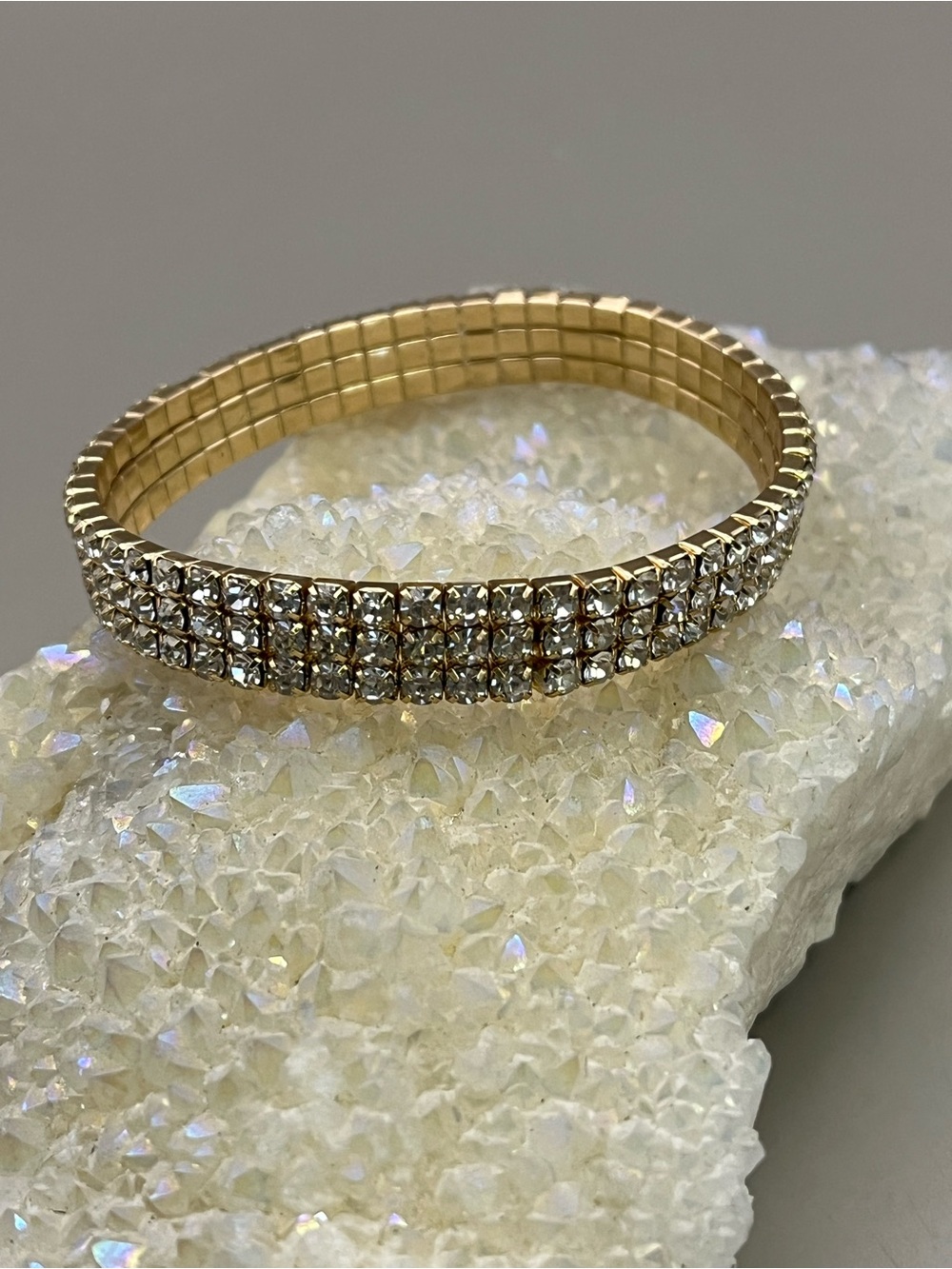 Elegant Gold Rhinestone Stretch Tennis Bracelet | 3 Row Crystal Bridal Bangle